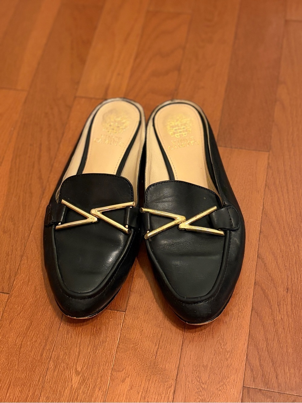 Vince Camuto Black Leather Slip-On Mules with Gold Hardware